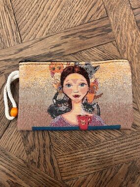 Tapestry Cat Portrait Wristlet Pouch in Multicolor